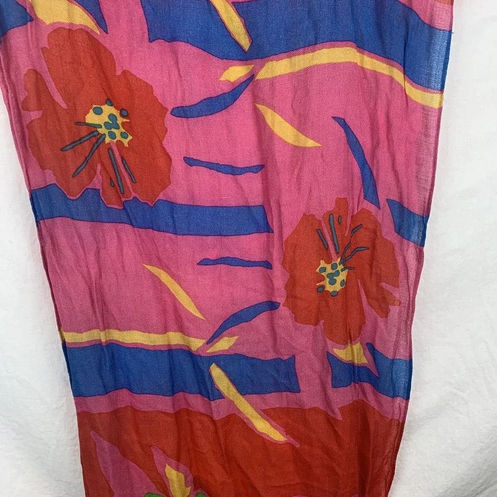 Vtg Floral Scarf Liz Claiborne Hawaiian Hibiscus Red Pink Blue Green Tropical